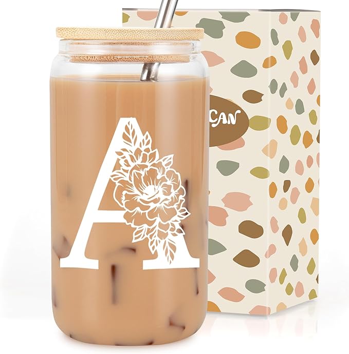 Coolife Initial Glass Cup, Monogrammed Gifts for Women, 16 oz Glass Cups w/Lids Straws, Iced Coffee Smoothie Beer Tumbler w/Straw Lid - Personalized Christmas, Birthday Gifts for Her Mom Friend Woman