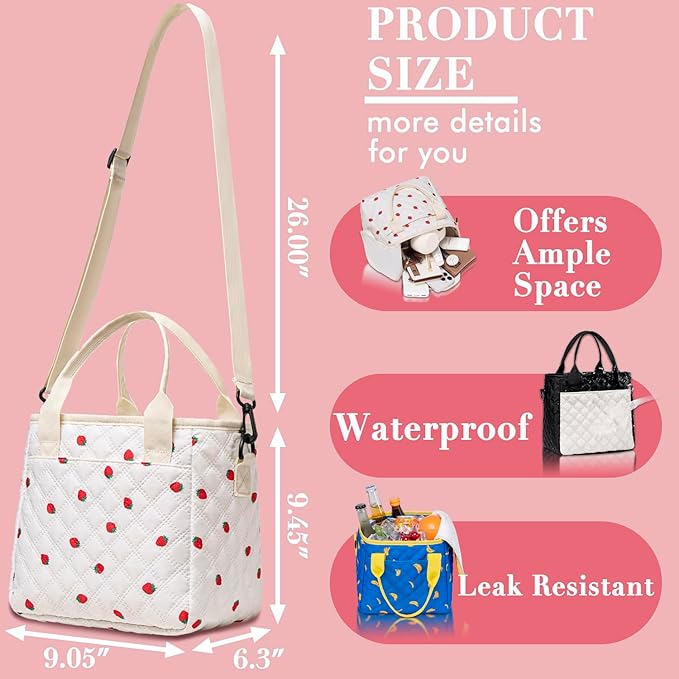 TuErCao Lunch Box for Women Lunch Bags for Work for Teacher Nurse Mom Small Insulated LunchBag for Picnic Travel Shopping, Portable Lightweight Ultrasonic Soft Touch LunchTote for Young Ladies