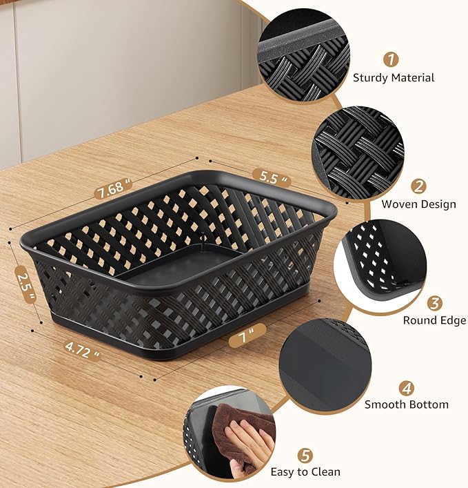 MaxGear Organization and Storage 3 Packs, Plastic Bins Organizer Bins, Woven Baskets for Storage, Plastic Baskets with Handles, Black Basket for Organizing, Basket Organizer for Home and Office, Small