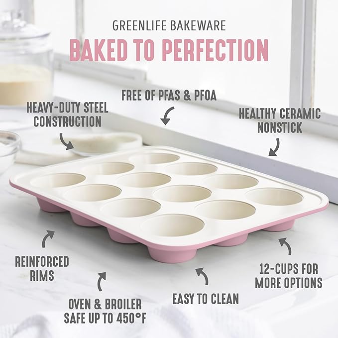 GreenLife 12-Cup Muffin Pan, PFAS-Free Healthy Nonstick Baking Tray, 11.4" x 1.9" x 15.9", Durable Ceramic Bakeware, Cupcakes, Egg Bites, Tarts, Brownies, Pink