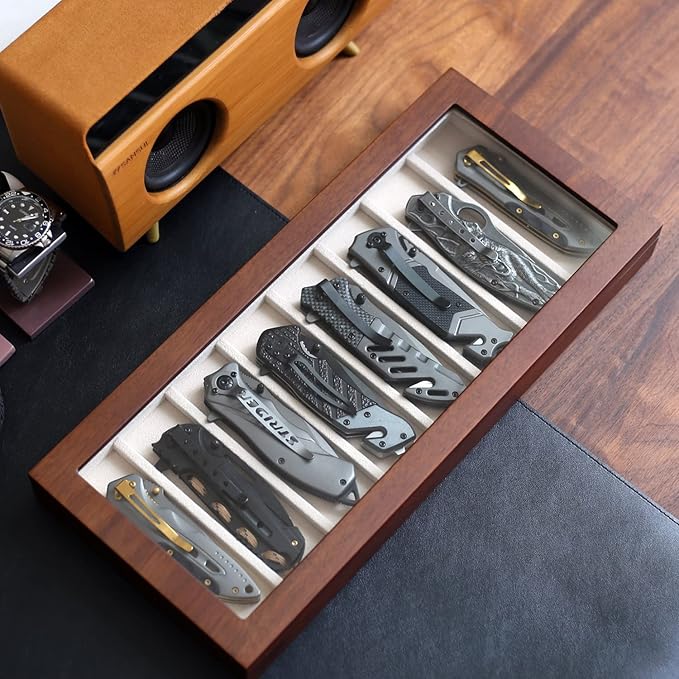 Knife Display Case Organizer storage 8 pocket knives, Folding Knife Holder with Real Glass Window Top， Pocket knife collection box for men gift (Walnut Veneer 8 slot)