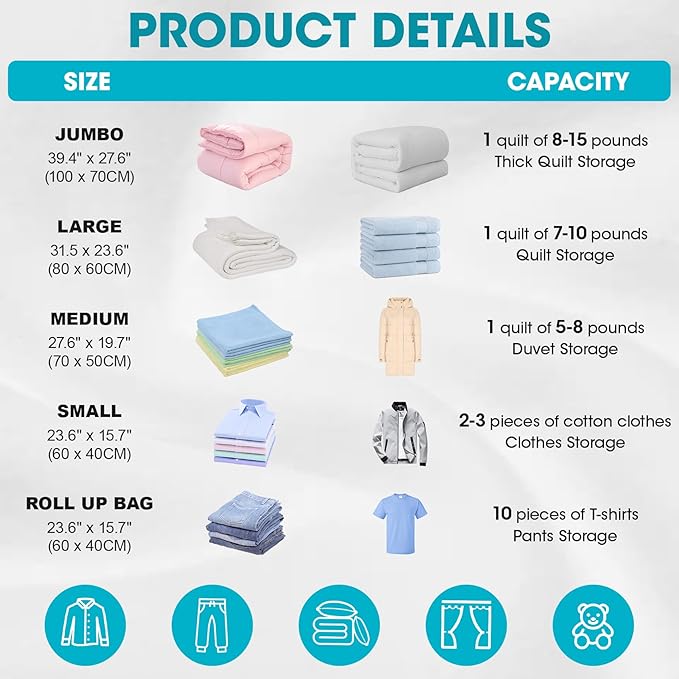 30 Pack Vacuum Storage Bags with Electric Pump, Compression Space Saver Vacuum Seal Bags 6 Jumbo/6 Large/6 Medium/6 Small/6 Roll Up Bags for Clothing Travel Comforters Blankets Pillows Bedding Duvets
