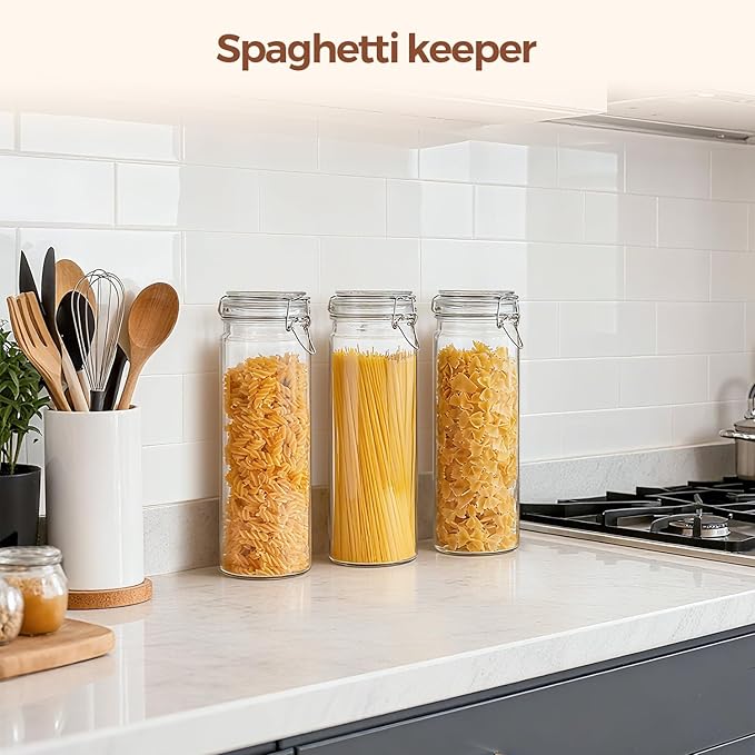ComSaf 60oz Airtight Glass Jars Set of 3 with Lids Food Storage Jar Round - Tall Spaghetti Container with Clear Preserving Seal Wire Clip Fastening, Pasta jar for Kitchen Canning, Nut,Oat, Dry Goods