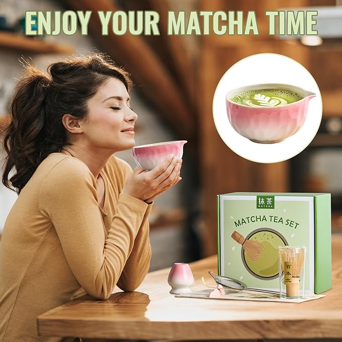 Matcha Whisk Set, 7 Pcs Pink Matcha Kit with Bowl, Whisk and Holder, Bamboo Scoop, Scoop Rest, Sifter & Tea Towel, Tea Gifts for Making Breakfast, Latte Match-a Lovers