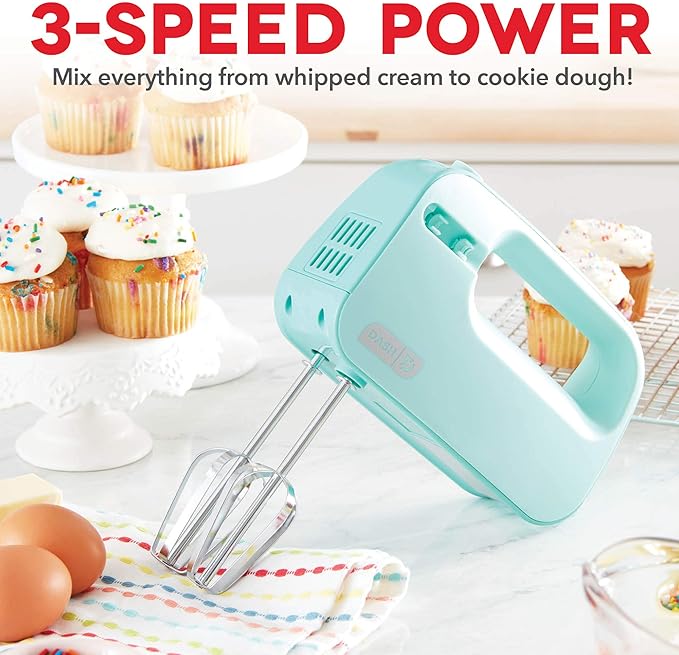 Dash SmartStore™ Deluxe Compact Electric Hand Mixer + Whisk and Milkshake Attachment for Whipping, Mixing Cookies, Brownies, Cakes, Dough, Batters, Meringues & More, 3 Speed, 150-Watt – Aqua