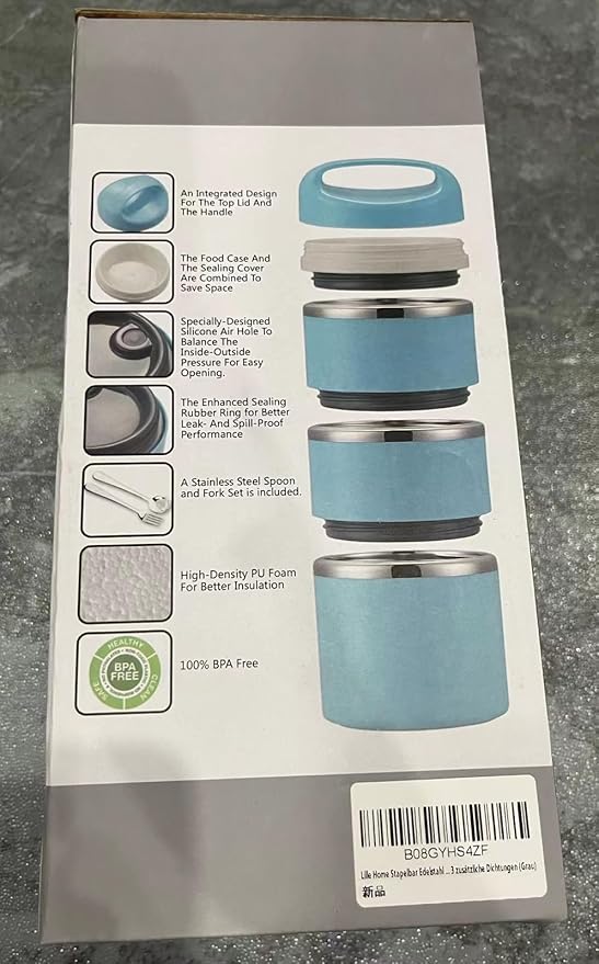 Lille Home Stackable Stainless Steel Thermal Compartment Lunch/Snack Box, 3-Tier Insulated Bento/Food Container with Lunch Bag, Utensils Set and Three Extra Seals, 43OZ (Gray)