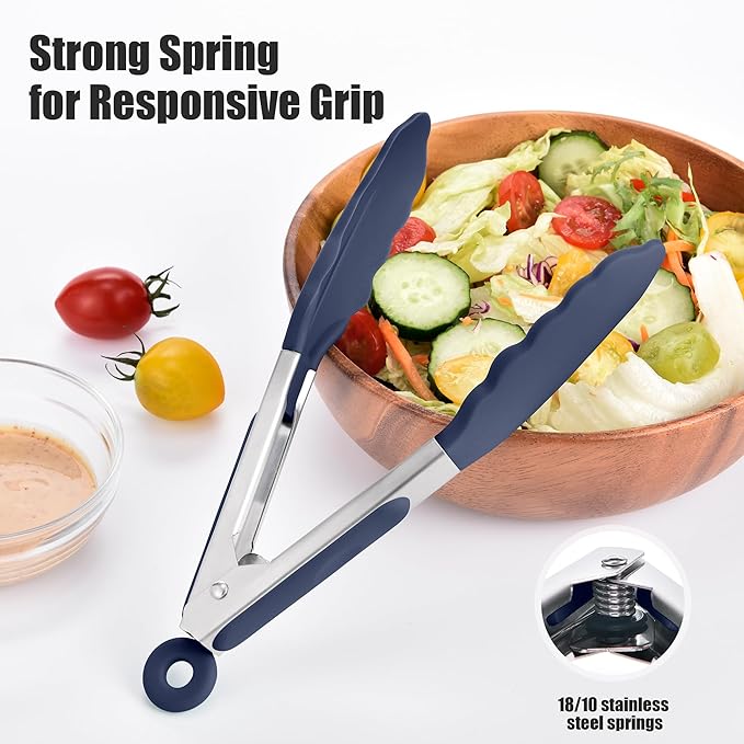 Doosu Kitchen Tongs for Cooking - 600°F Heat Resistant Food Tong Set with Non-Scratch Silicone Tips, Heavy Duty Stainless Steel Locking Tong for BBQ, Grilling Steak, Serving (7+9+12in, Navy Blue)