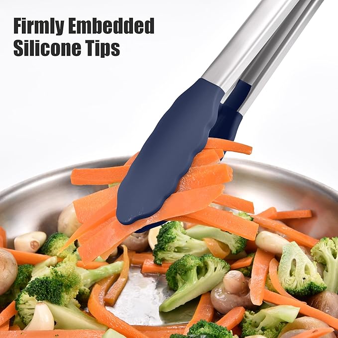 Doosu Kitchen Tongs for Cooking - 600°F Heat Resistant Food Tong with Non-Scratch Silicone Tips, Heavy Duty Stainless Steel Locking Tong for BBQ, Grilling Steak, Serving Salad Pasta (12in, Navy Blue)