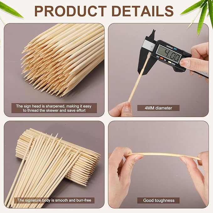200PCS Bamboo Skewers 10 inch, Φ=4mm Wooden Skewers for Kabobs, Kabob Sticks, Fruit, BBQ, Grilling,Chocolate Fountain, Yakitori Chicken