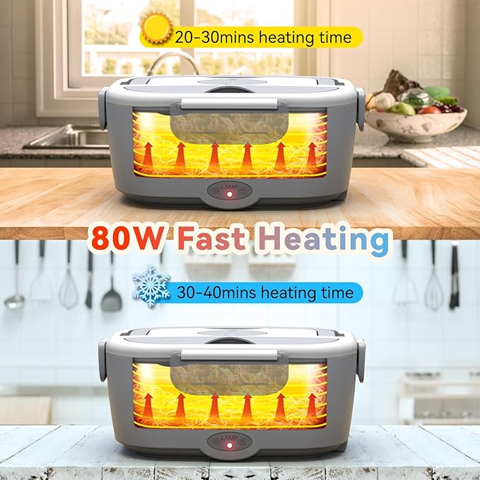 Heated Lunch Box for Men&Women - 80W Electric Lunch Box for Adults with Dual 1.5L 304 Stainless Steel Containers Fast Heating Portable Food Warmer for Car&Truck lonchera eléctrica portátil