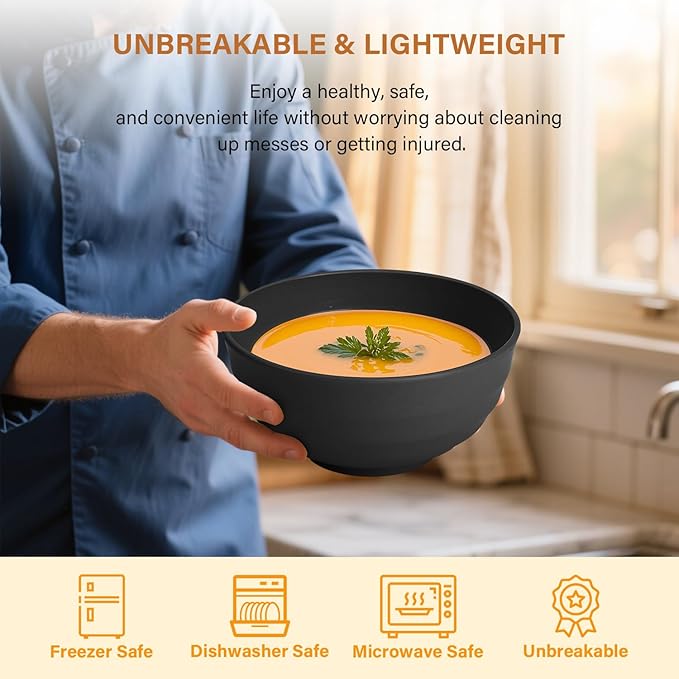 Homienly Unbreakable Big Bowl Set of 8: Alternative to Large Plastic Bowls - 60oz Wheat Straw Bowls for Salad, Soup & Cereal, Microwave & Dishwasher Safe for Everyday Use & Picnics - Black