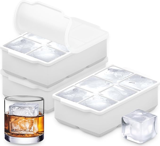 KitchFort Large Silicone Ice Cube Tray (3-Pack), Easy Release 2" Big Ice Cubes - Cocktail, Whiskey Ice Cubes Mold - Ice Trays for Freezer with Lid - Stackable Silicone Ice Tray - White