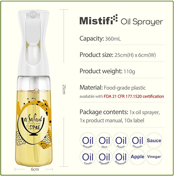 Mistifi Oliver Oil Sprayer for cooking, Spray bottle 12oz, Non-Aerosol Refillable Dispenser Oil Mister FS604 Salad Style