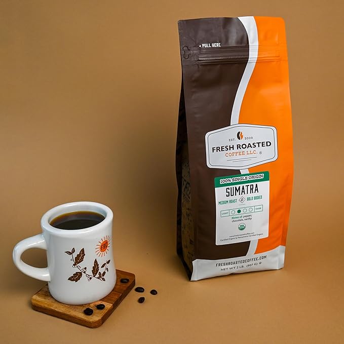 Fresh Roasted Coffee, Organic Sumatra | 100% Single Origin, USDA Organic, Kosher | Medium Roast 2 lb (32 oz) Whole Bean