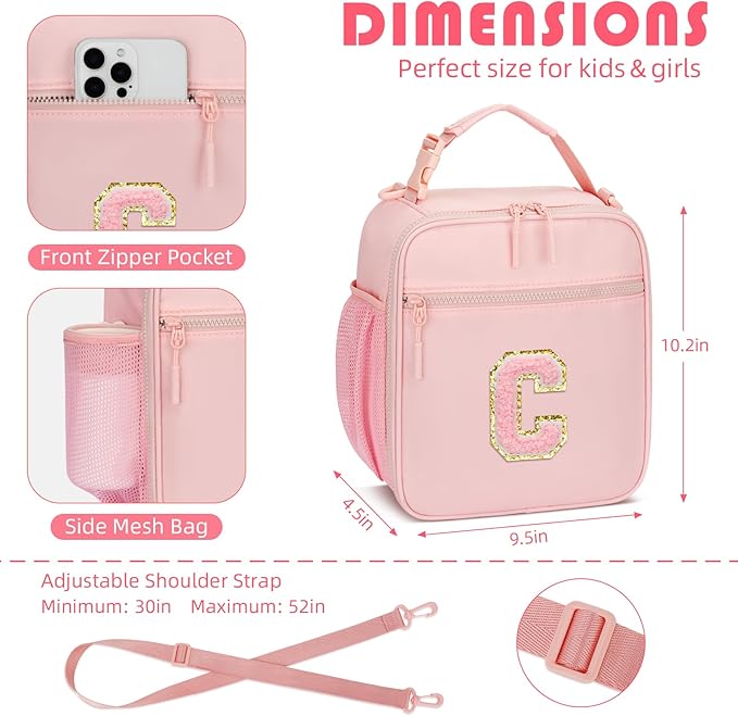 Initial Insulated Lunch Bag for Girls Kids, Back to School Gift, Reusable Leak-proof Lunch Box with Adjustable Strap for School Daycare Travel Picnic (Pink,C)