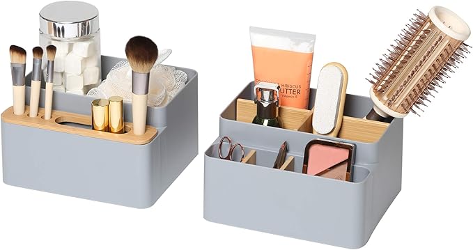 Seville Classics Bamboo Premium Organizer Storage Bins for Kitchen Silverware, Pantry, Closet, Office Desk, Pens, Utensils, Makeup, K Cup, Bamboo/Gray, Desk Caddy