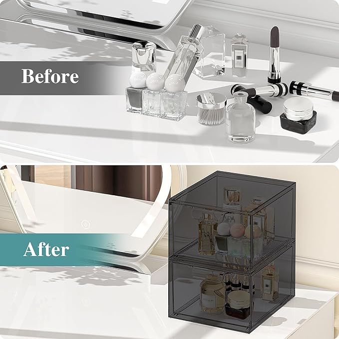 2 Pack Stackable Makeup Organizer and Storage, Acrylic Organizers，Clear Plastic Storage Drawer with Pull-Out Handles for Vanity, Undersink, Kitchen Cabinets, Pantry, Black