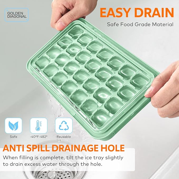 Longzon Ice Cube Tray with Lid and Bin, 56 Pcs Ice Cube Trays for Freezer, Ice Cube Mold, Ice Molds Spill-Resistant Removable Lid & Ice Scoop, Ice Mold for Whiskey Cocktail, Tea, Coffee -Green