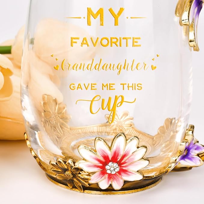 OEAGO Grandma Gifts from Granddaughter Tea Cup Birthday Grandparent Gifts Mothers Day Enamel Flower Glass Mugs from Grandkids Grandchildren