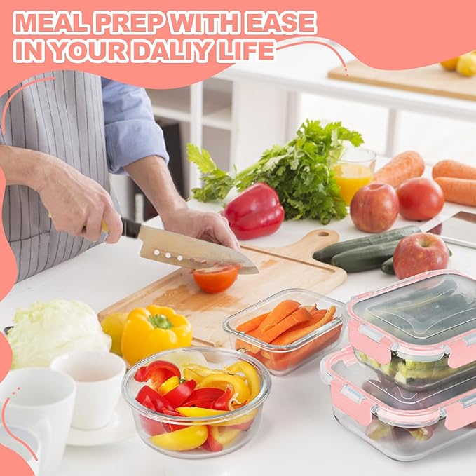 Skroam 12 Pack Glass Food Storage Containers with Lids, Meal Prep, Pantry Kitchen Storage Containers for Lunch, Leak Proof, Airtight Glass Lunch Bento Boxes for Microwave, Oven, Freezer, Pink