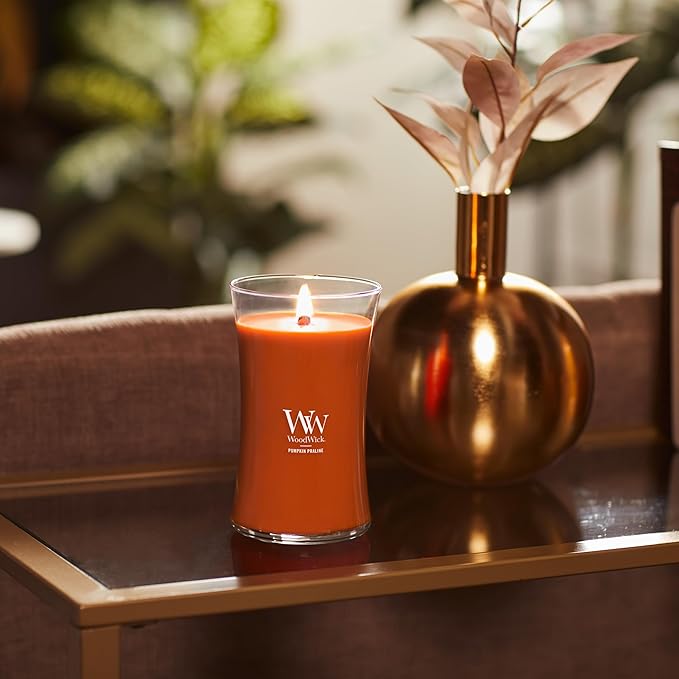 WoodWick Pumpkin Praline Holiday Candle Gifts for Women and Men, 21.5 oz Large Hourglass Candle with Crackling Wick