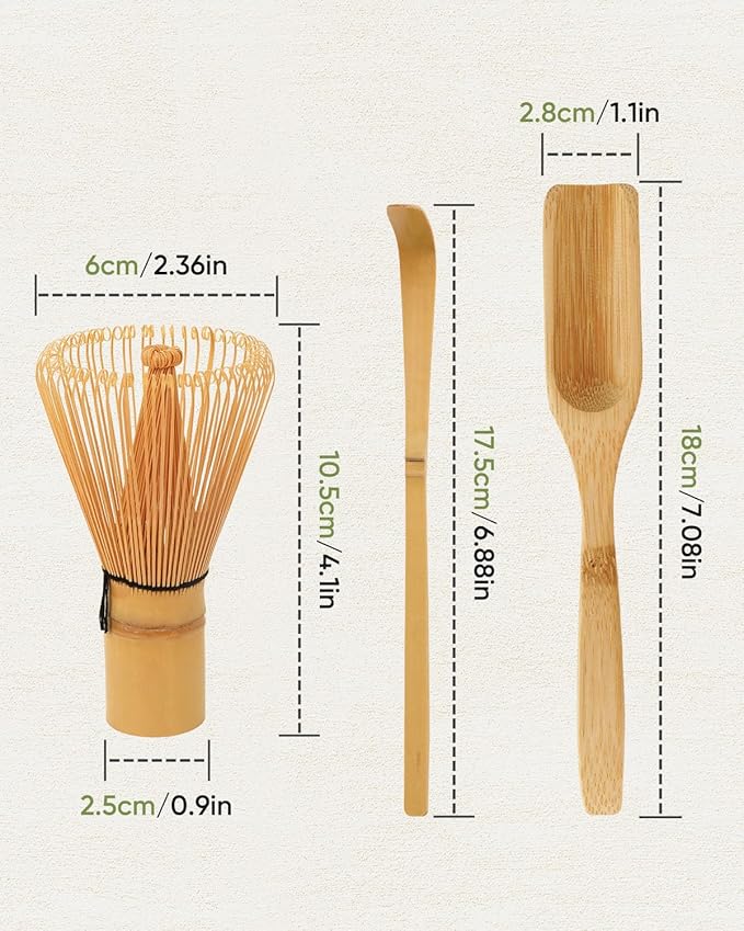 Matcha Whisk and Holder Set, Bamboo Brush, Scoop, Tea Spoon and Ceramic Whisk Stand, Traditional Green Tea Making Kits