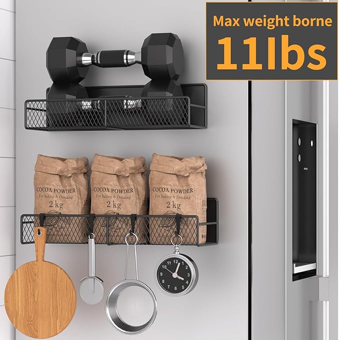 Magnetic Spice Rack for Refrigerator, 2 Pack 100% Metal Strong Magnet Shelf Black, Moveable Spice Organizer with Hooks, Magnetic Fridge Shelf for Kitchen Home Laundry Room Organization and Storage