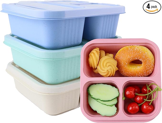 Finorder 4 Pack Wheat Straw Containers, Pastel Multi-color 3 Compartment Reusable Snack Bento Box Toddler, Square Meal Prep Food Containers for Kids, Adults, Office and Travel