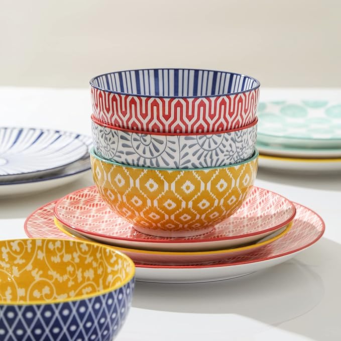 Selamica Ceramic Dinnerware Sets, 16 Pieces Dishes Set for 4, Scratch Resistant Plates and Bowls Sets, Dishwasher & Microwave Safe, Assorted Colors