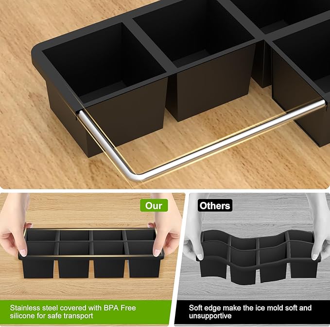 Samuelworld Large Ice Cube Tray: 2024 Upgraded Silicone Square Ice Cube Mold For Whiskey, New Upgraded 2 Inch Large Cubed Ice Trays for Cocktail, Big Cube Ice Maker Mold (2 Pack, Black)