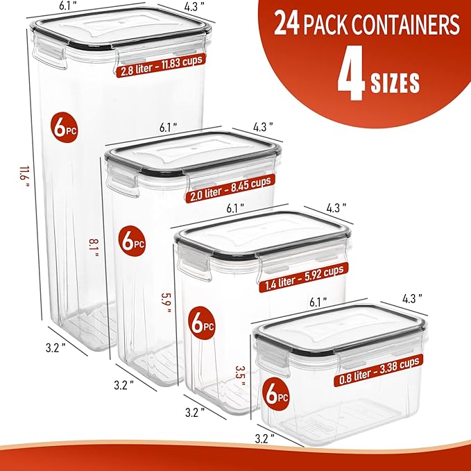 Skroam 24 Pack Airtight Food Storage Containers with Lids for Kitchen Pantry Organizers and storage, Plastic Canister Set for Cereal, Pasta, Flour & Sugar - Spoon Set, Labels & Marker