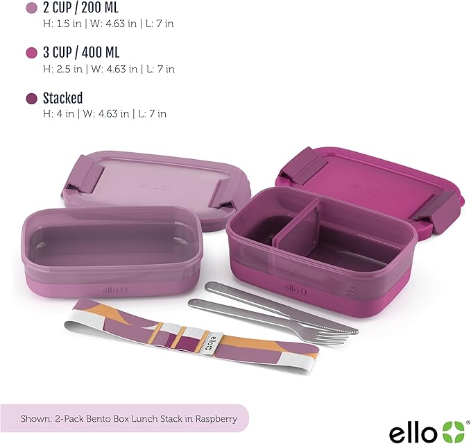 Ello 2-Pack Lunch Stack Plastic Food Storage Container Bento Box with Airtight, Leak-Proof Locking Plastic Lids and Silicone Base, BPA-Free, Freezer, Microwave, and Dishwasher Safe