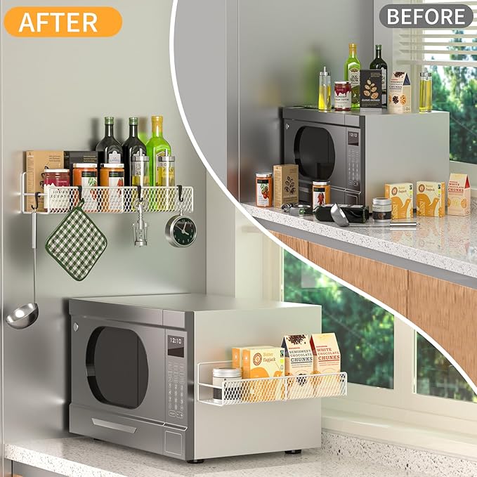 Magnetic Spice Rack for Refrigerator, 2 Pack 100% Metal Strong Magnet Shelf, Space Saving Spice Organizer W/ Hooks, Movable Magnetic Fridge Shelf, Kitchen Home Laundry Room Storage Organization, White