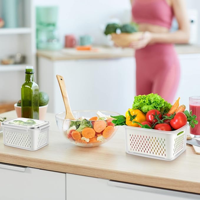 4 Pack Fruit Storage Container for Fridge, Plastic Fruit Containers for Fridge with Removable Colander, Container for Fruit Berry Salad Lettuce, BPA Free Kitchen Refrigerator Organizers