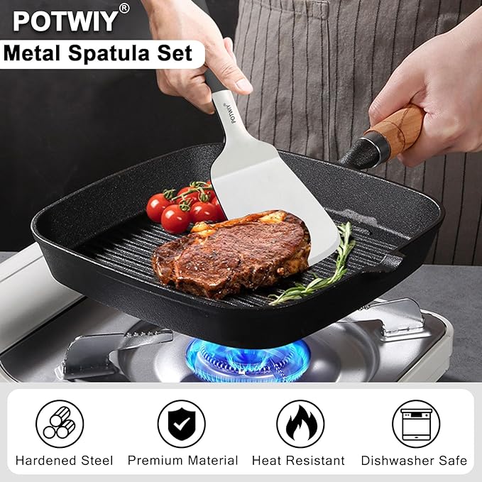 Stainless Steel Spatula, Large Metal Spatula for Kitchen and Grilling, Heavy Duty Turner for Cast Iron Skillet with Silicone Handle, Cooking and Flipping Steak, Pancake, Burger, 4.6 x 3.7 In