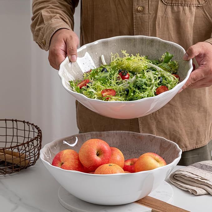 Melamine Serving Bowls Set of 2, 12''x4'' Large Salad Bowls, Fruit Bowls, Mixing Bowls, Serving Bowls for Kitchen, Ideal for Prepping and Serving Food, Gray