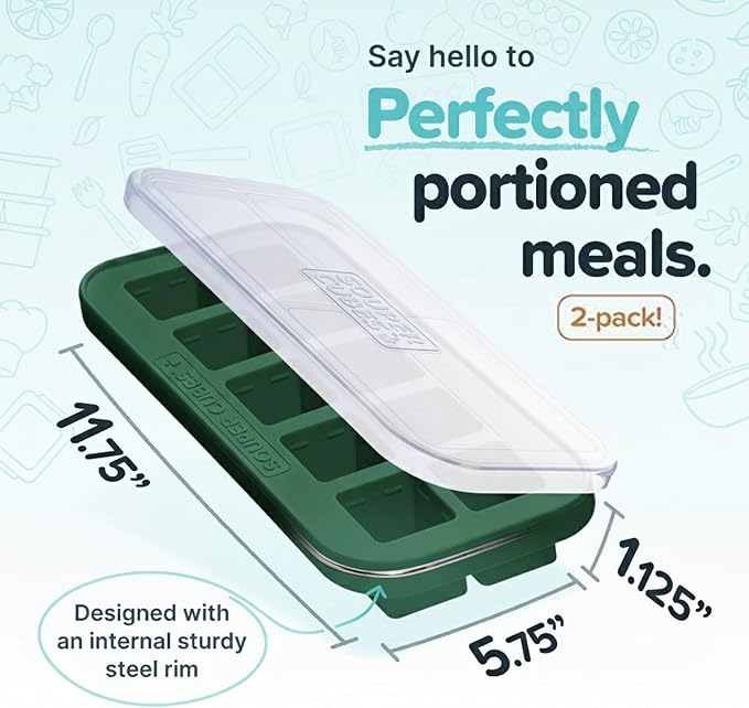 Souper Cubes 2 Tbsp. Silicone Freezer Molds - Perfect for Storing Garlic, Herbs, Ginger, Pesto, Tomato Paste, Lemon Juice, Purees and More - Silicone Baby Food Freezer Tray - Kale – 2-Pack