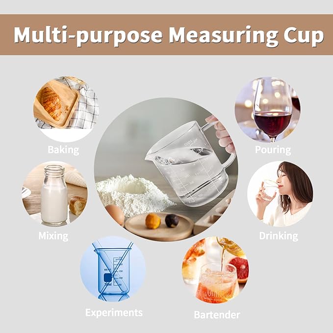 Newness Glass Measuring Cup with Handle, 700 ML (0.7 Liter, 2 3/4 Cup) Measuring Cup with Three Scales (OZ, Cup, ML/CC) and V-Shaped Spout, Measuring Beaker for Kitchen or Restaurant, Easy to Read