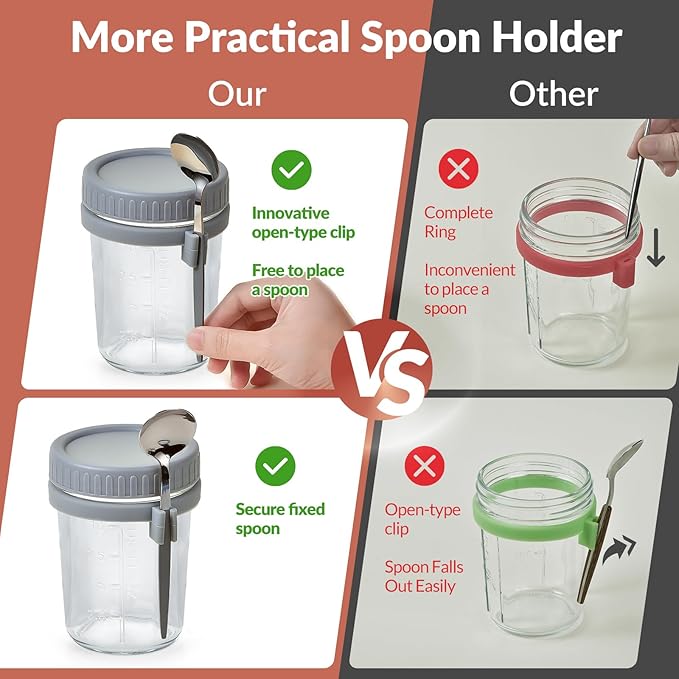 4 Pack Overnight Oats Containers with Lids and Spoons - DRKIO 16 Oz Glass Mason Jars for Overnight Oats Leak Proof Oatmeal Container Great for Cereal Fruit Vegetable Milk Salad Yogurt Meal Prep