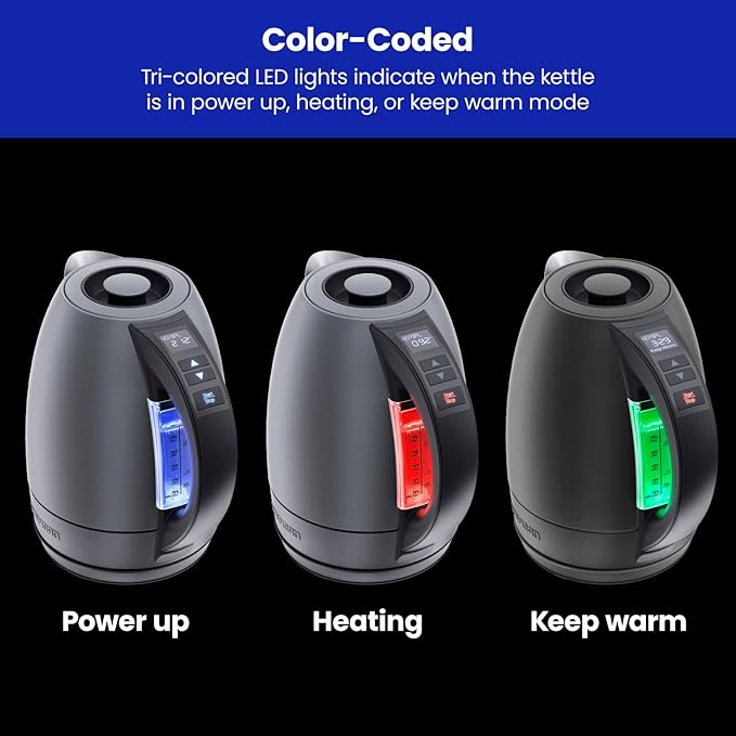 Chefman Electric Tea Kettle, 1.8 Liter Hot Water Electric Kettle Temperature Control Water Boiler with 5 Presets, Tri-Colored LED Lights, Keep Warm, Automatic Shutoff, Grey