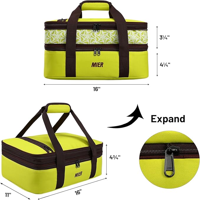 MIER Insulated Double Casserole Carrier Bag Fits 9 x 13 Inches Baking Dish, Casserole Dish, Expandable by Mid Zipper, Grass Green