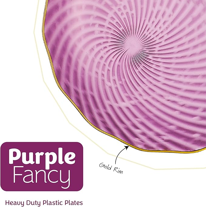 PLASTICPRO 60 Pack Plastic Plates Set of 30-10 inch Plates and 30-7 inch Plate, Elegant Clear Purple Spiral and Gold Rim Disposable Fancy Plate Premium Heavyweight