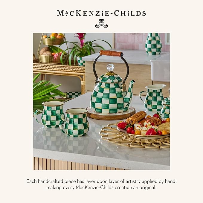 MACKENZIE-CHILDS Enamel Pedestal Platter, Round Cake Stand, Mini, Green-and-White Emerald Check