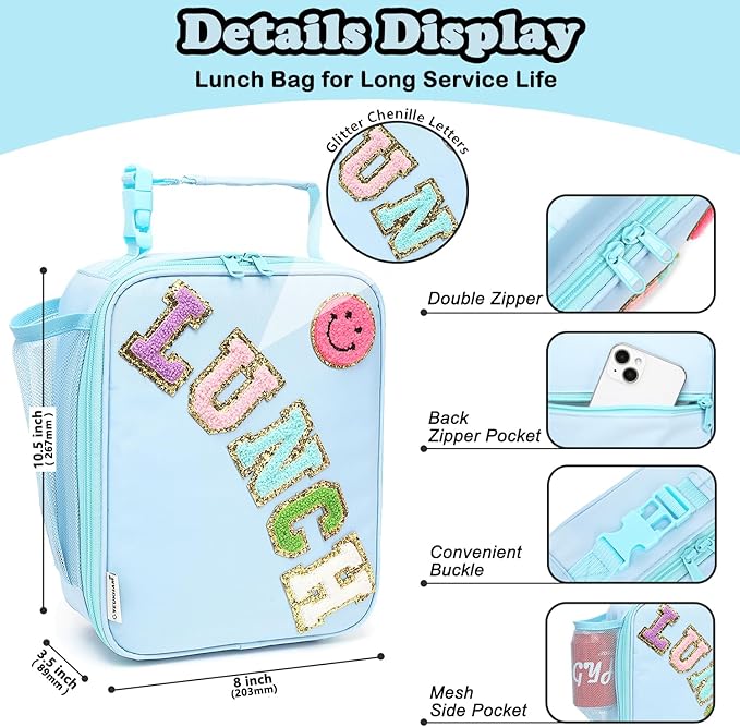 FlowFly Lunch box Insulated Soft Bag Mini Cooler Back to School Thermal Meal Tote Kit With Buckle and Mesh Side Pocket for Girls, Boys, BlueWithLetter