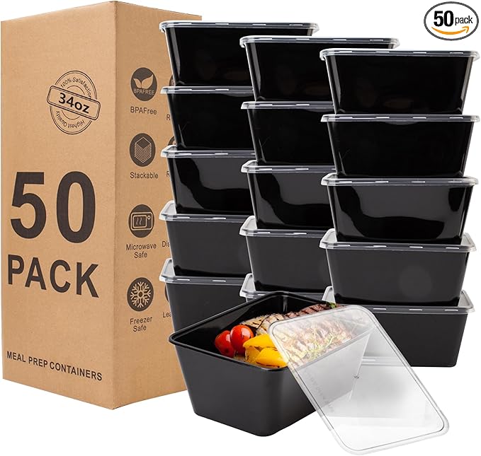 Meal Prep Containers 50Pack - 34oz Food Storage Containers with Lids, Reusable Food Prep Containers, Disposable To Go food Containers for Takeout, BPA Free, Stackable, 1000ml, Microwave/Freezer Safe