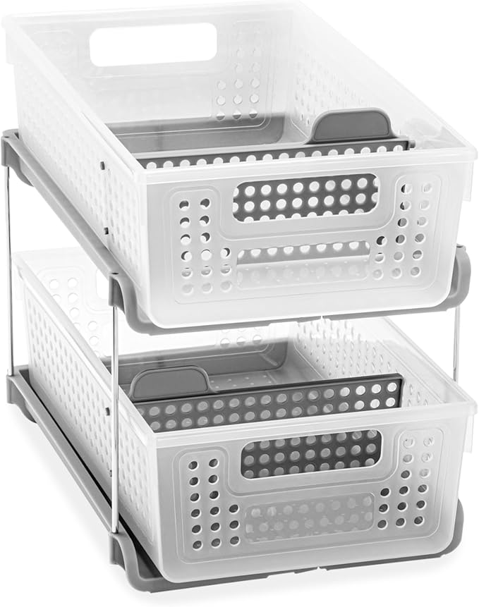 madesmart 2-Tier Organizer, Multi-Purpose Slide-Out Storage with Handles and Dividers for Home and Bath, Easy Assembly, BPA Free, Frost