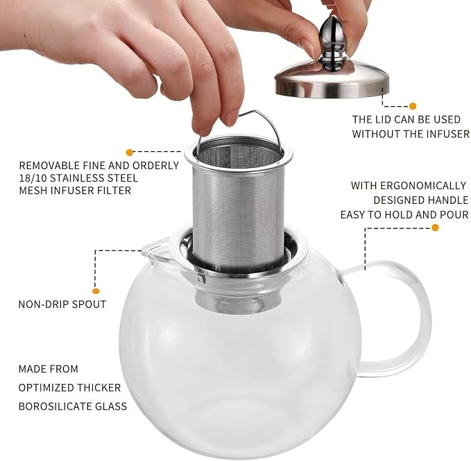 Small Teapot, Teapot with Infuser, Glass Tea Kettle Stovetop Safe, Blooming and Loose Leaf Tea Maker Set Gift for Women, 650ml/22oz