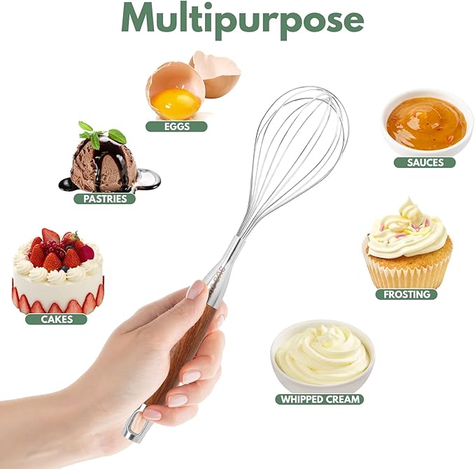 Stainless Steel Whisk for Cooking Wooden Handle Kitchen Non Stick Balloon Wire Metal Baking Whisk Egg Beater for Blending, Whisking Beating Stirring, 12inch (Wooden Handle)