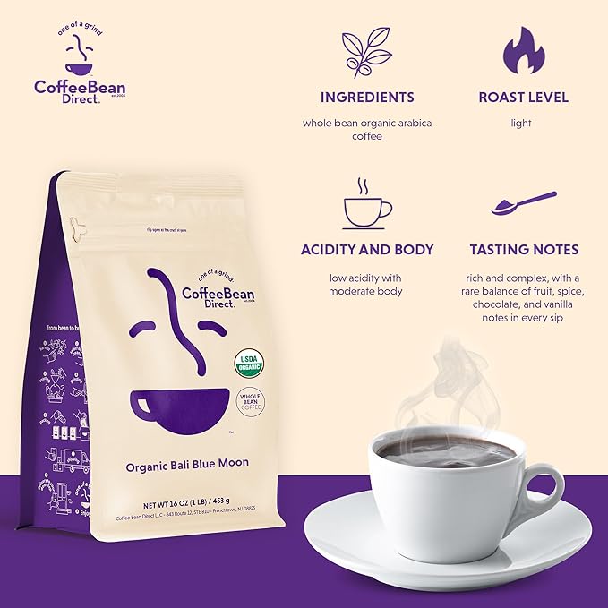 Coffee Bean Direct Organic Bali Blue Moon, Whole Bean Coffee, Light Roast, 1 Pound Bag (Pack of 1)