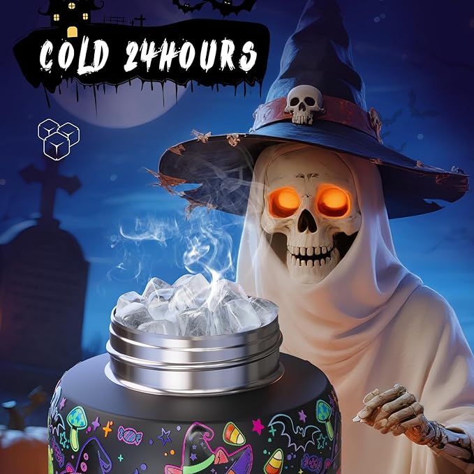ENCOOL Halloween Insulated Water Bottle with Straw - Stainless Steel Water Bottle with Push Button Lid, Leak-Proof BPA-Free, Keeps Cold for 24 Hours for Halloween gifts, Party (32 oz, Meowgic Night)